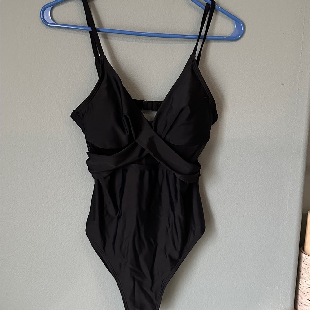 Cupshe Solid Mesh Wrap Front Cutout Black One Pie… - image 4